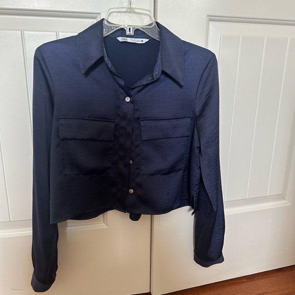 Zara Midnight Blue Satin Button-Up Shirt - Picture 2 of 6
